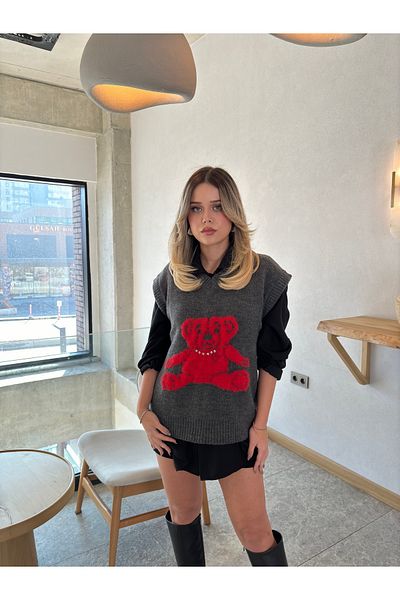 B2K FASHION Gray Red Teddy Bear Stone Detailed V-Neck Oversize Sweater