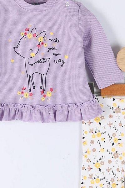 VALERY Baby Girl Deer Print Ruffled Lilac Double Bottom Top Set