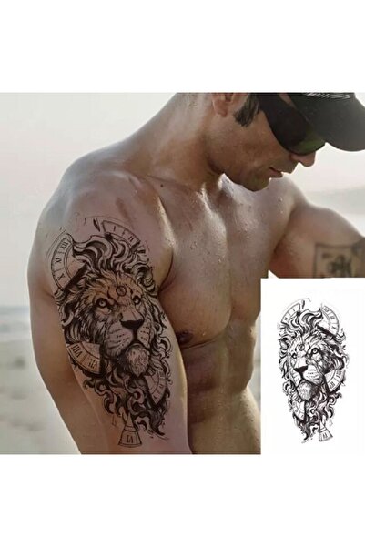 Tattoo Gerçekci Aslan ve Saat Geçici Dövme Gögüs Sırt Özel Bölge Geçici Dövme