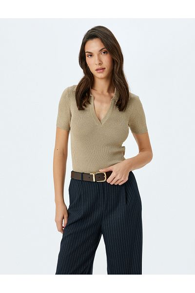Koton Glittery Short Sleeve Polo Collar Knitwear Sweater