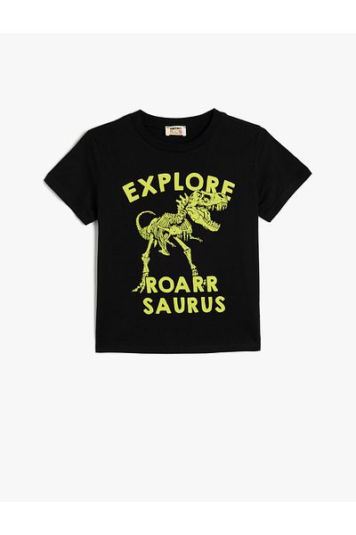 Koton Tricou negru pentru băiat, bumbac, cu mânecă scurtă, cu decolteu, 5skb10198tk
