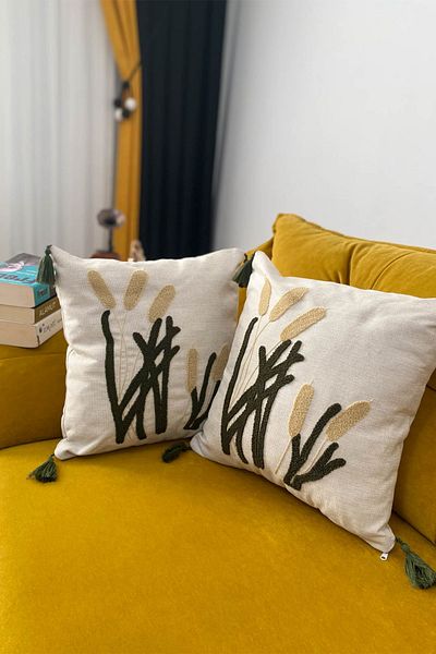 e-Bizz Store Κάλυμμα μαξιλαριού ριχτάρι 2 τεμαχίων με κέντημα με μοτίβο καλαμιών