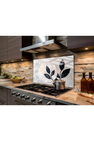 Harikabirev HARİKABİREV | MOTIV ABSTRACT DE FRUNZE BEJ-NEGRU | STICLA REZISTENTA LA CALOR PENTRU SPATELE PLITII