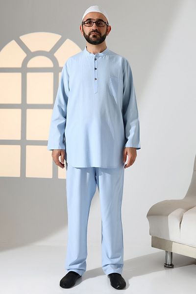 ihvanonline Men's Single Pocket Prevailing Collar Shirt Pants Linen Double Suit Hajj Umrah Outfit - Light Blue