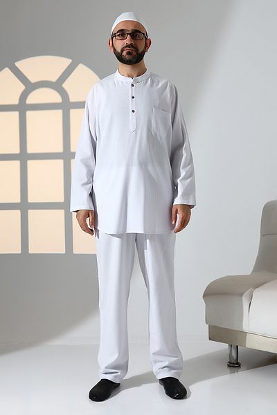 ihvanonline Men's Single Pocket Prevailing Collar Shirt Pants Linen Double Suit Hajj Umrah Outfit - White