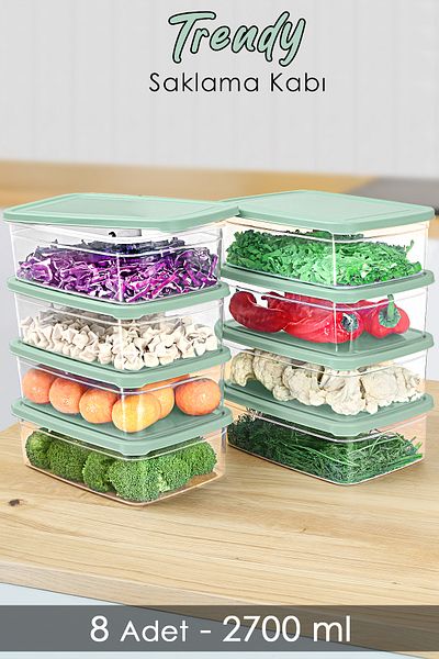 Meleni Home 2700ml Green Food Storage Organizer - 8 Pcs Rectangular, Microwavable Organizer