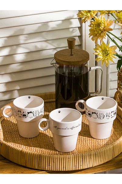 LC Waikiki Lcw Home Black Printed Porcelain Mug Set of 3 365 ml
