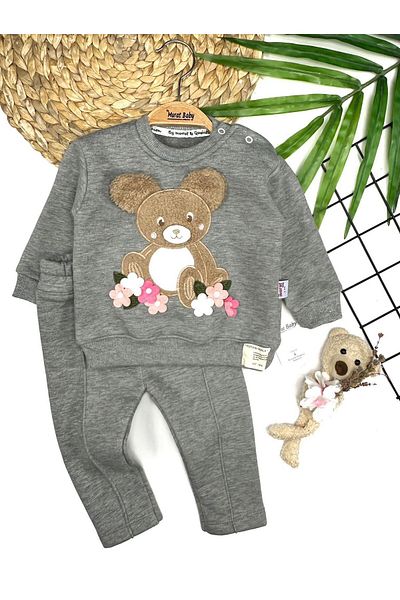 VALERY Baby Girl Teddy Bear Figured Flower Detailed Raised Gray Bottom-Top Set