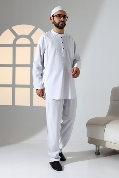 ihvanonline Men's Single Pocket Prevailing Collar Shirt Pants Linen Double Suit Hajj Umrah Outfit - White