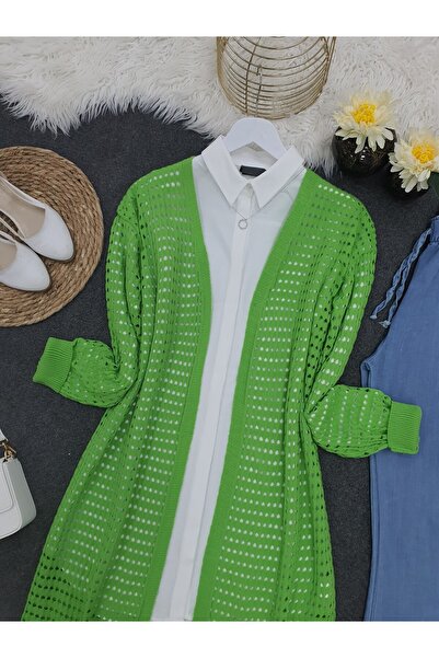 Modamorfo Ażurowy długi kardigan -f.zielony