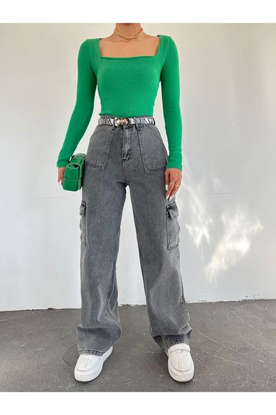 Modamorfo Smoked Colored Cargo Pocket Wide Leg Jeans