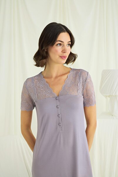 MONAMİSE Monamise Women &Apos; S Collar and Shoulder and Skirt Lace Front Buttoned Nightgown 18609