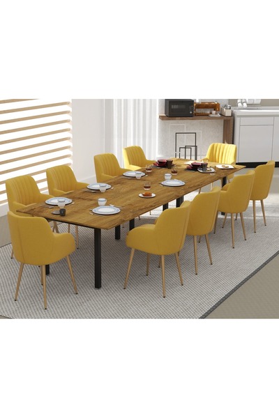 Mahmayi Dec 72 BLK Wooden Dining Table U-Leg, 10-Seater-360cm, Cognac Brown Sherman Oak Finish