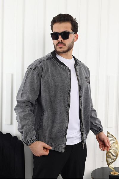 comstar Men's Oversize Casual Bomber Jean Anthracite Zippered Denim Jacket