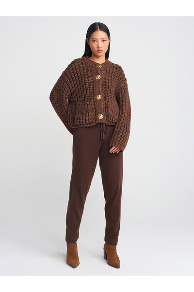 Dilvin 60960 Πλεκτό Ζακέτα με μαλακή υφή με κουμπιά με τσέπες-καφέ