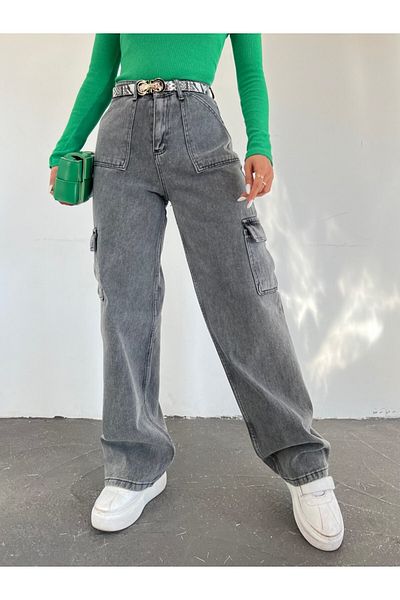 Modamorfo Smoked Colored Cargo Pocket Wide Leg Jeans