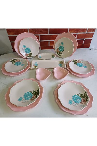 Keramika Keramica Turquoise Rose Pink 16 Pieces Brown Set