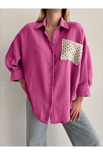 Modamorfo Weites Hemd mit armen Ärmeln und gestrickten Taschen