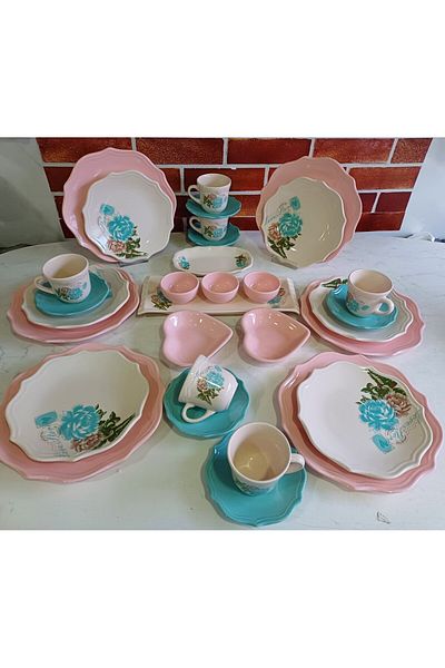 Keramika Keramica Turquoise Rose Pink 31 Pieces Brown Set