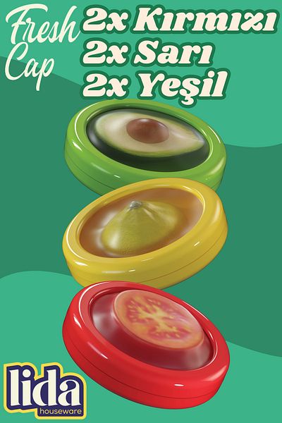 Lida Houseware Freshcap Set of 6 - Fruit, Vegetable, Onion, Lemon and Tomato Storage Container Flexible and Reusable