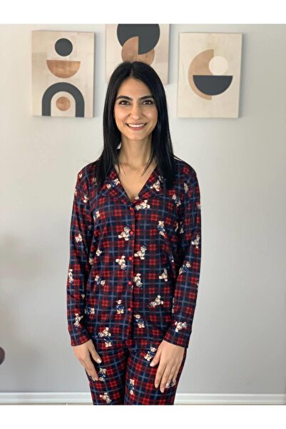 YusGos Women's Teddy Bear Patterned Suede Buttoned Plaid Pajama Set