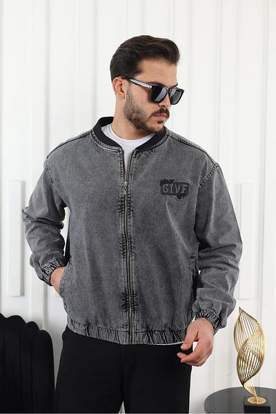 comstar Men's Oversize Casual Bomber Jean Anthracite Zippered Denim Jacket