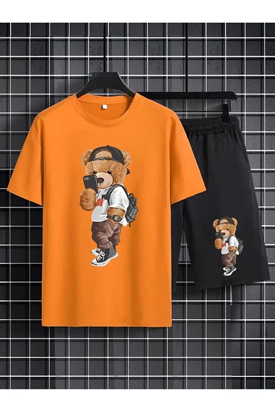DAXİS Sportwear Company Мъжки комплект от 2 части, удобна тениска с кръгло деколте, къс ръкав и регулируеми къси панталони с принт на плюшено мече