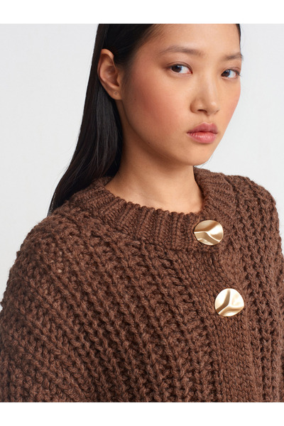 Dilvin 60960 Πλεκτό Ζακέτα με μαλακή υφή με κουμπιά με τσέπες-καφέ