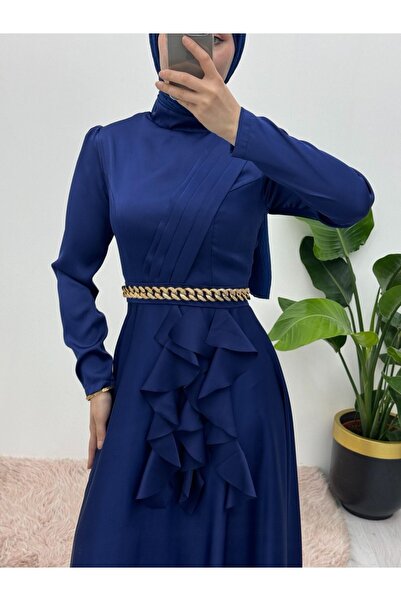 Modamorfo Derék lánc részletes fodros elülső szatén estélyi ruha -navy