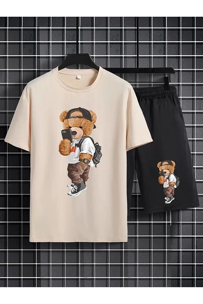 DAXİS Sportwear Company Teddy Bear Printed Men's 2 Pieces Casual Crew Neck Short Sleeve T-Shirt and Adjustable Shorts Set