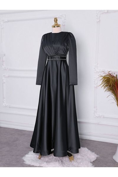 Modamorfo Perlenbesetztes Satin-Abendkleid – drapiertes Taillendesign vorne