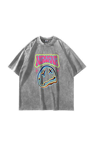 Sekizbiraltı Λευκό μπλουζάκι Nirvana Smile με στάμπα Oversize Unisex που πλένεται
