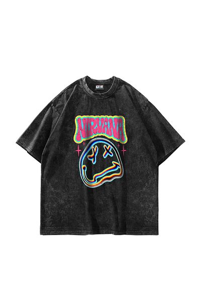 Sekizbiraltı Μαύρο μπλουζάκι Nirvana Smile Printed Oversize Unisex Washable