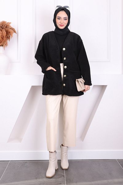 İmajButik Μαύρο μπουφάν Angora με κουμπιά τσέπης