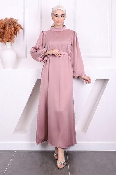 İmajButik Βραδινό φόρεμα με σατέν μανίκι με γιακά Dusty Rose