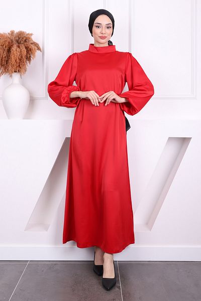 İmajButik Red Prevailing Neckline Balloon Sleeve Satin Evening Dress