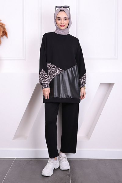 İmajButik ΜΑΥΡΟ ΓΚΡΙ Δερμάτινο γαρνιρισμένο Modal Tunic Παντελόνι