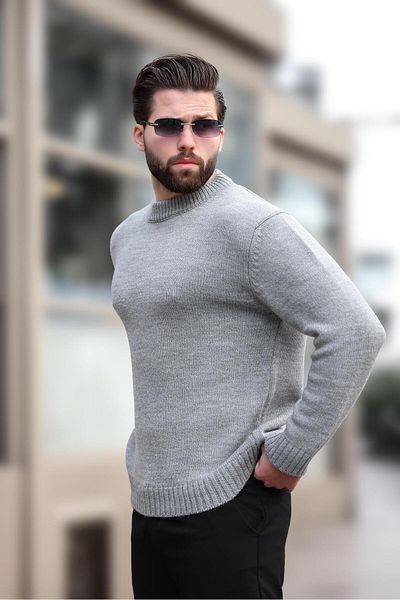 Madmext Gray Crew Neck Overfit Men's Knitwear Sweater E7402