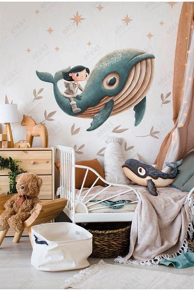 efekt reklam Whale Gerda and Her Friend Ocean Trip Children's Room-Kindergarten Door-Wall Adhesive Sticker Set
