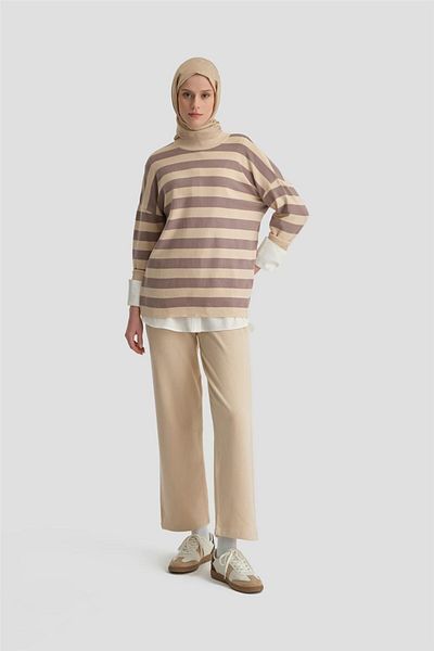 Armine Beige Striped Knitwear Set - 24Kd4213