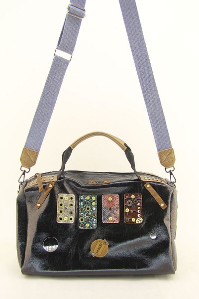 HNB Women's Shiny Black Stone Cylinder Casual Shoulder Bag