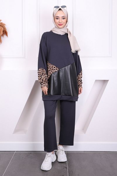 İmajButik Modal Tunic Pants Suit with Smoked Leather Garnish