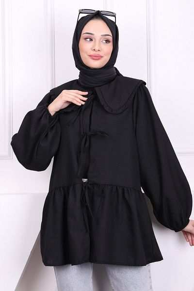 İmajButik Μαύρος γιακάς μωρού με γραβάτα λινό κιμονό