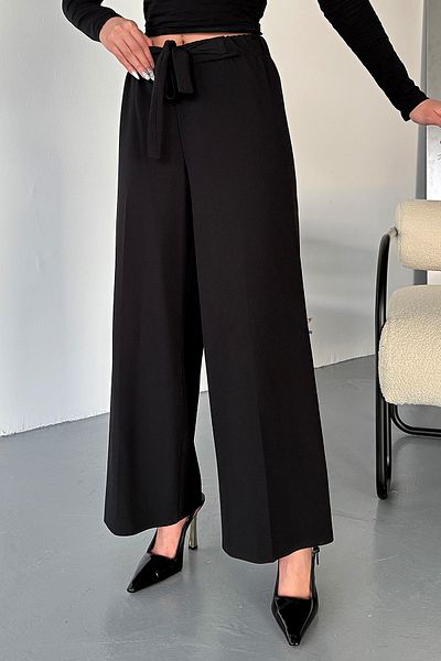 COMBİNE MİCHAİL Women's Lycra Belted Black Waist Stretchy Palazzo Trousers