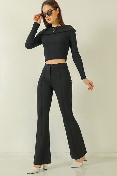 AREF JEANS Women's Black High Waist Slim-fit Flare Leg Palazzo Pants