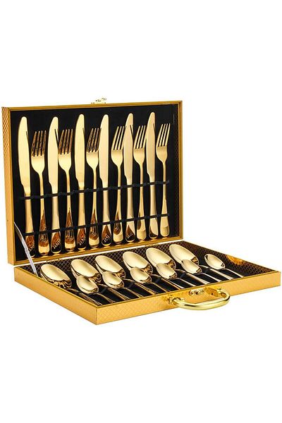 COOYA 24 pieces Stainless Steel Cutlery Set, With Premium Wooden Box, Mirror Polished, Serve for 6 (Gold)
