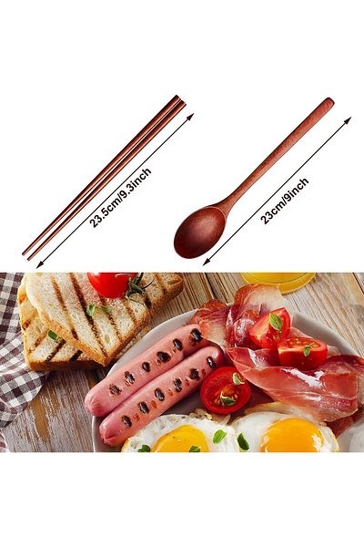 COOYA Wooden Chopsticks and Spoon Set, Spoon with long-hand, Reusable, 9.3 Inch, Set of 4