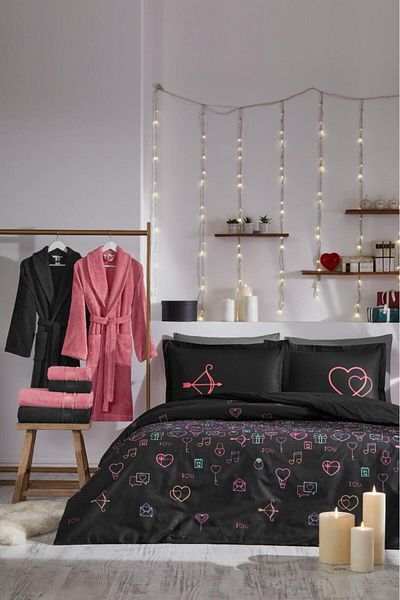 Özdilek Set cuvertură de pilota Black Gleam Love - 4 perne, cu husă, ocazii speciale 1888