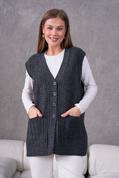 FLEX FASHION Women's Knitwear Knitted Patterned Mother Vest with Pockets and Slits