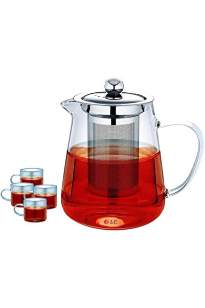 D LC Glass Teapot with Stainless Steel Strainer & Lid, 1 Teapot + 4 Cups, 950 ml